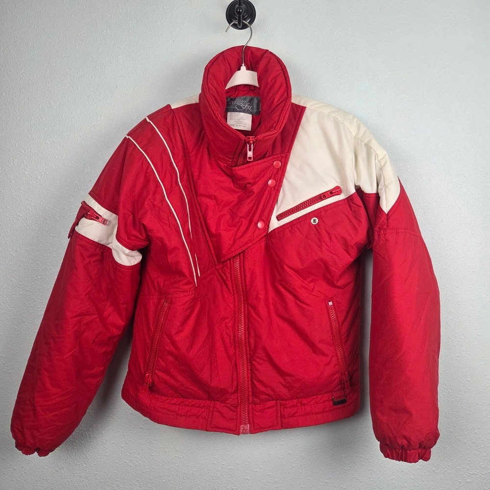 Ski Jacket White Fir Women's Small Red Colorblock Vintage Puffer Coat